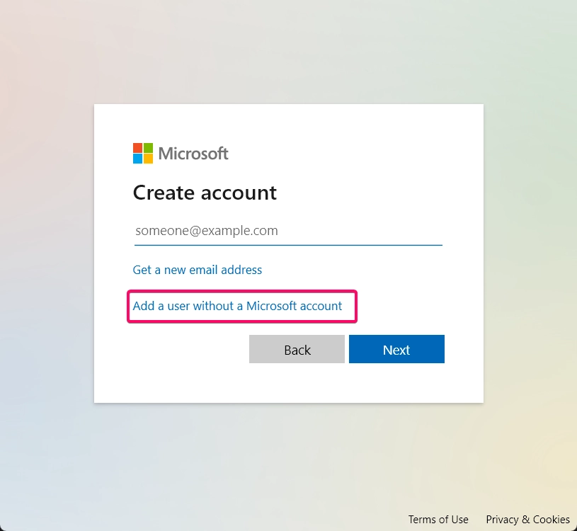 Choose Add a user without a Microsoft account