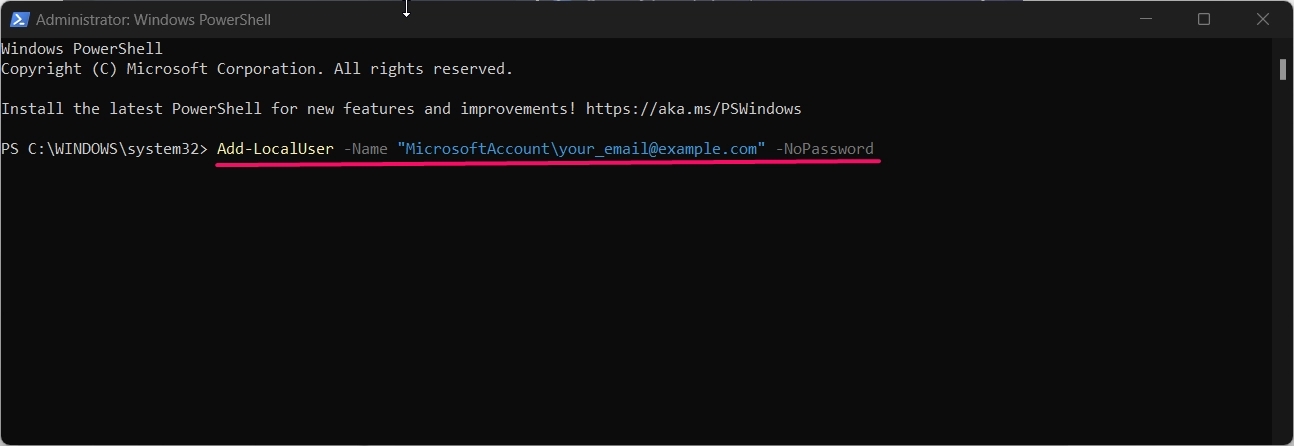 Entering Powershell command to add microsoft login creds