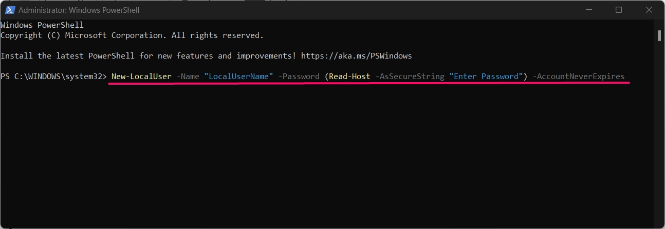 Adding new local user account using powershell