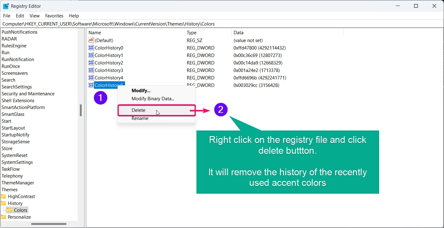 Deleting Registry files of Recently used accent colors