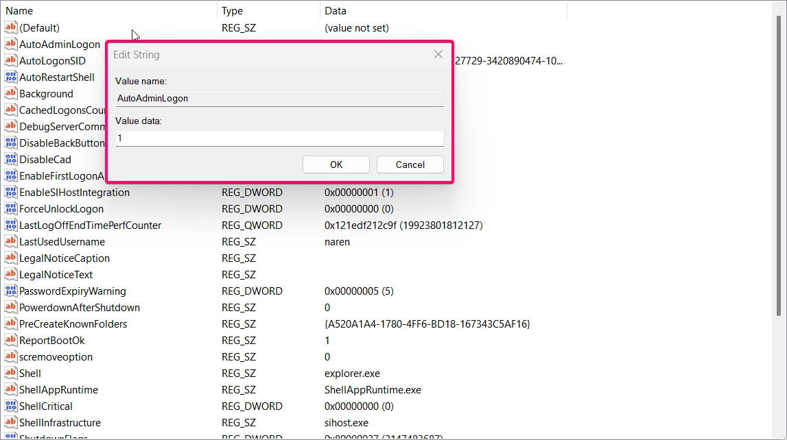 Setting Value to 1 in AutoAdminLogon to enable automatic sign-in