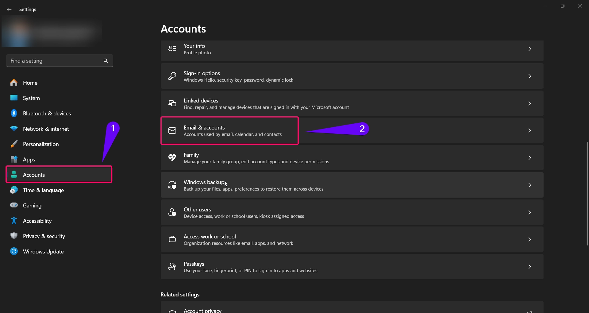 Open Email and Accounts option in the right pane