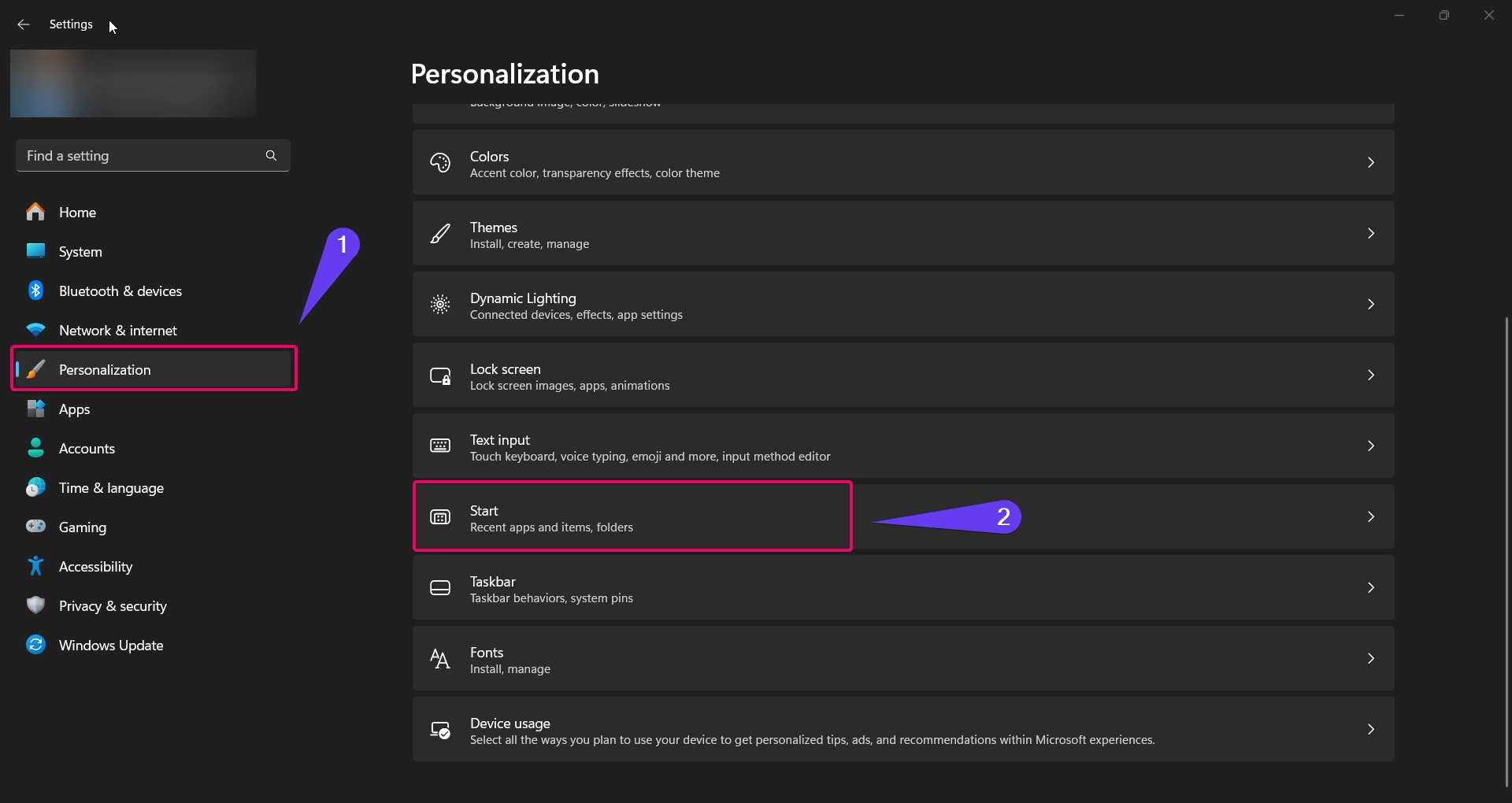 Choose personalization and start option in windows settings