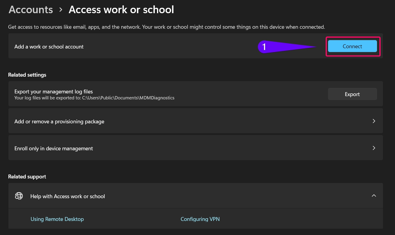 Click connect to connect with work or school account