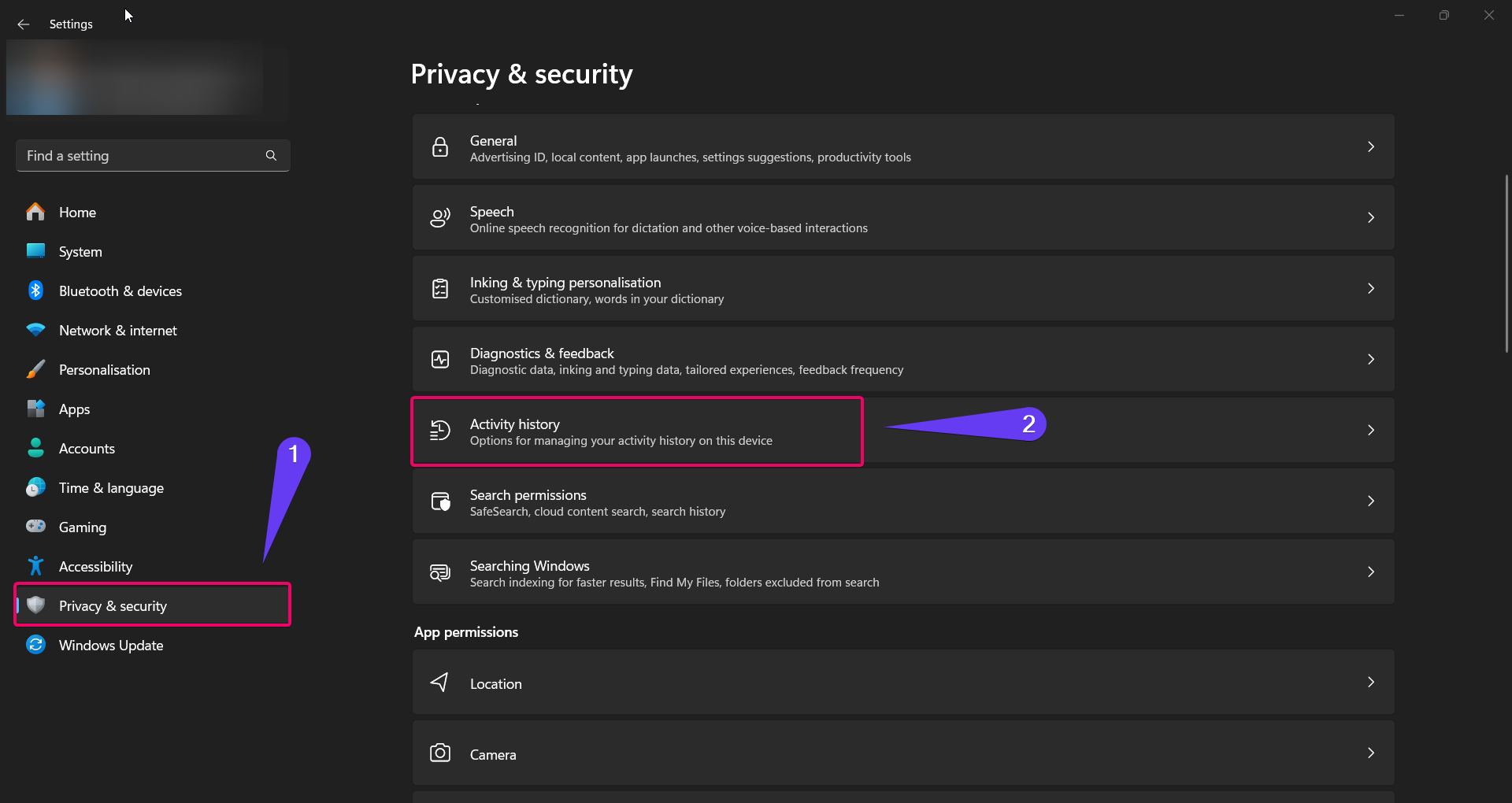 Choose Activity history from the Windows Settings