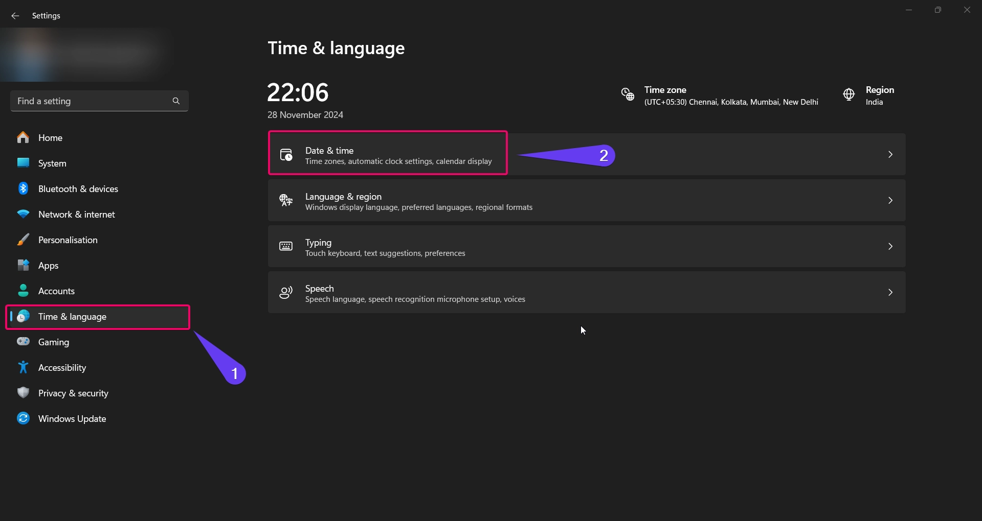 Choose Date and Time from Windows Settings