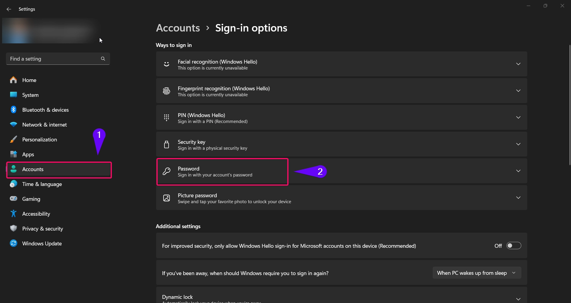 Choose Password options from Windows Settings