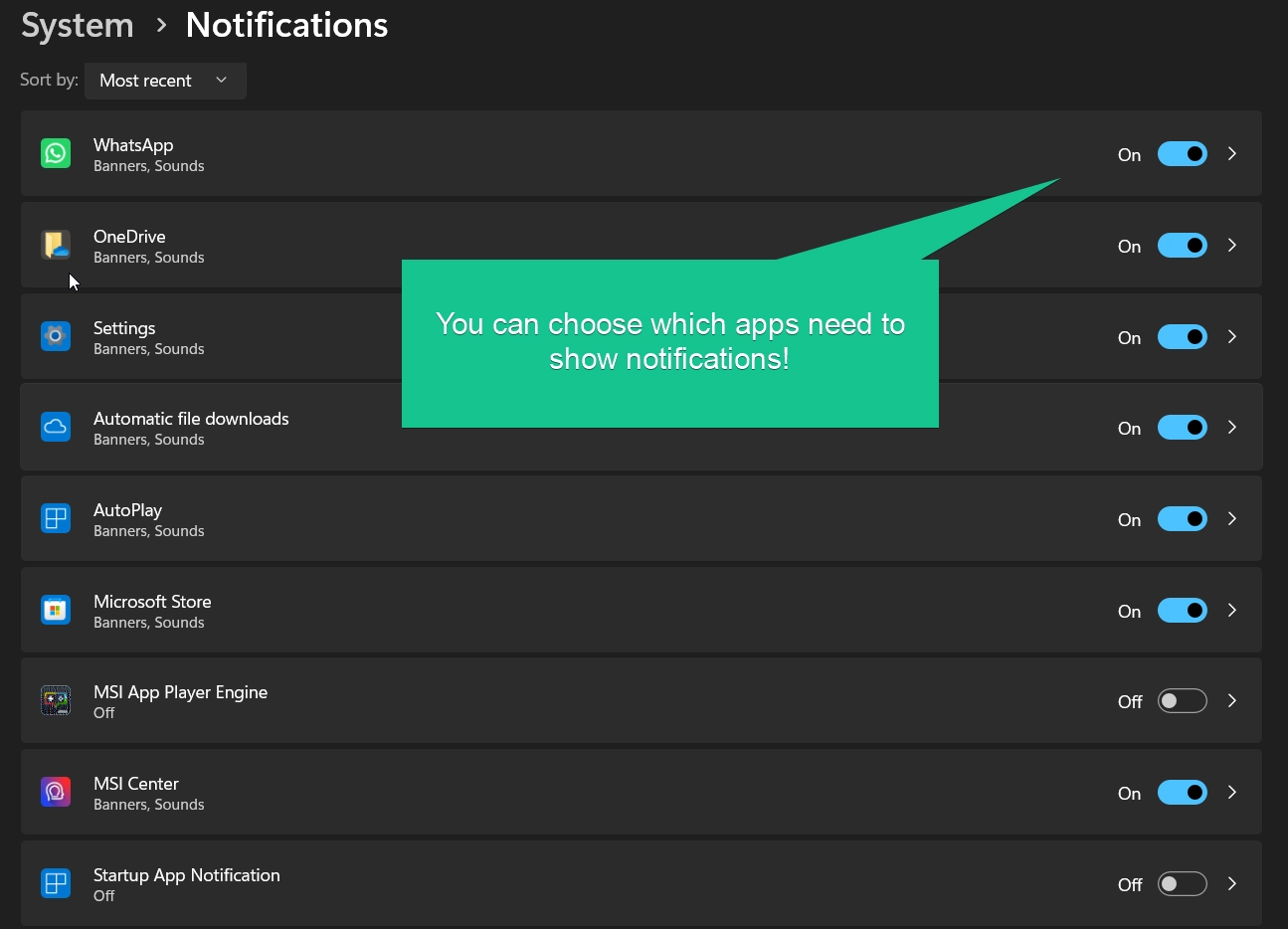 Choose apps based notifications