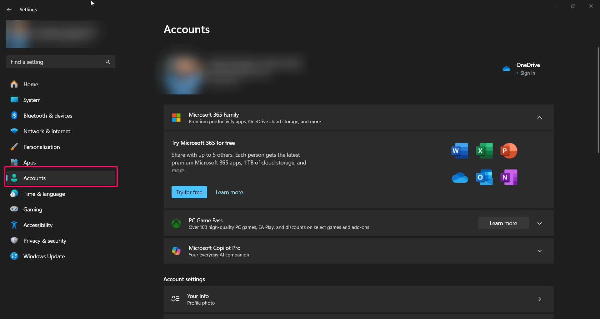 Choose Accounts from Windows Settings