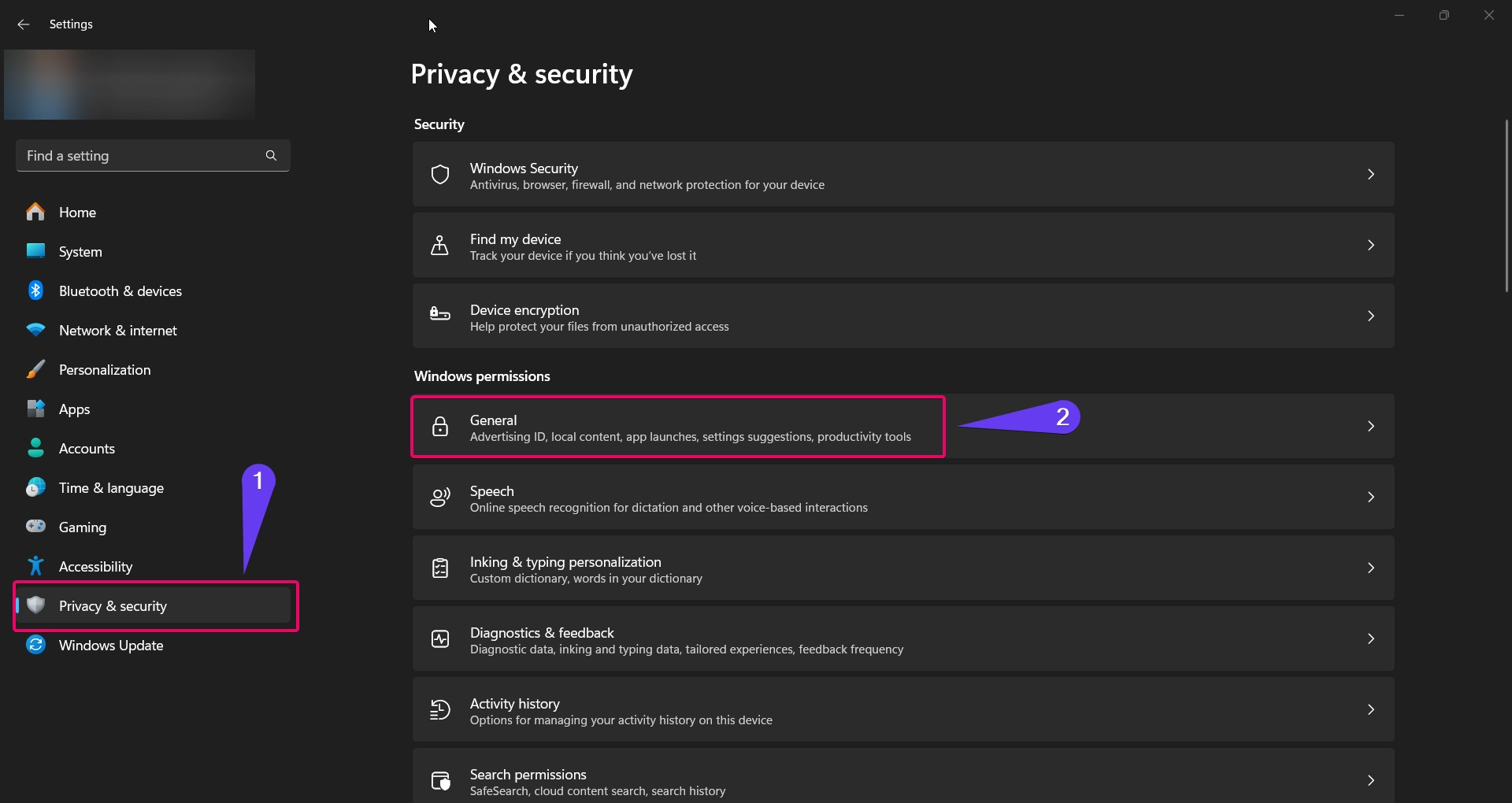 Click Privacy & Settings and go to General 