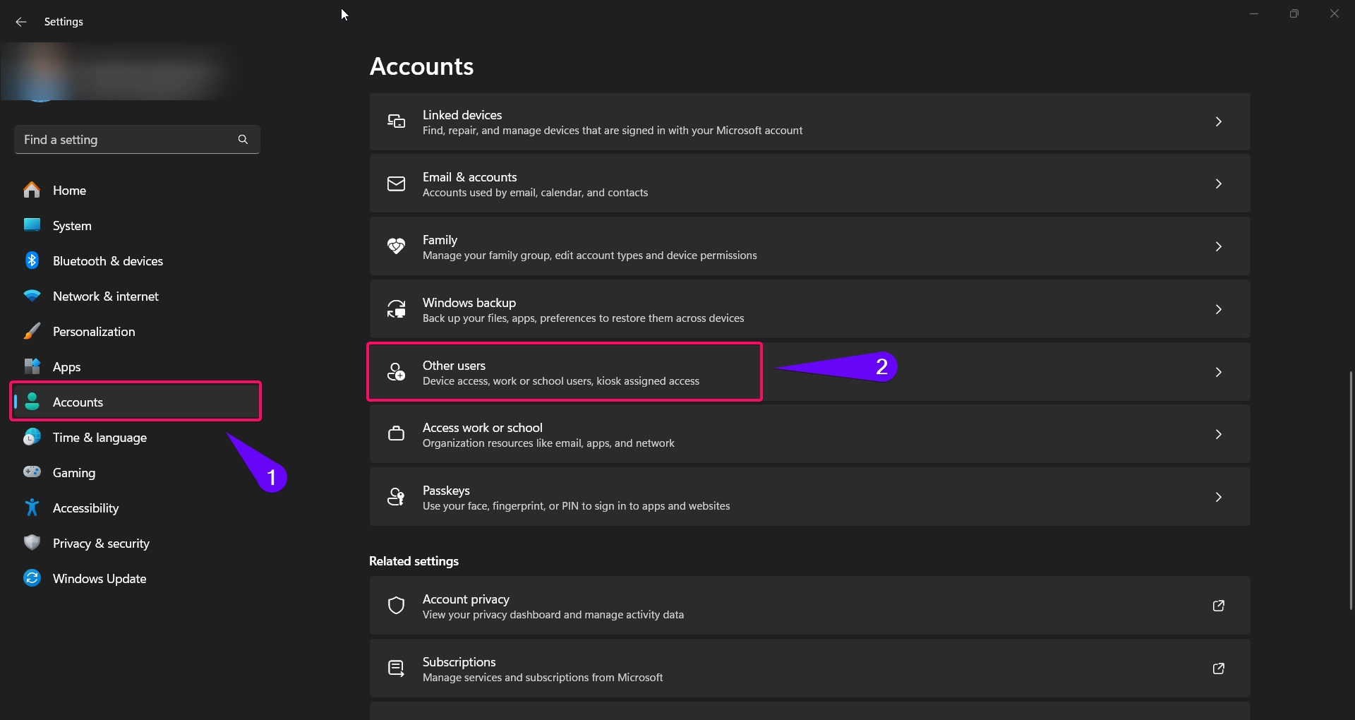 Click Other Users from Account settings