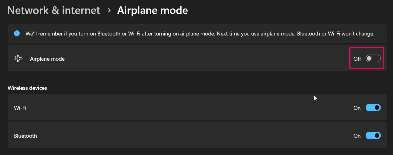 Turn on toggle switch to enable airplane mode