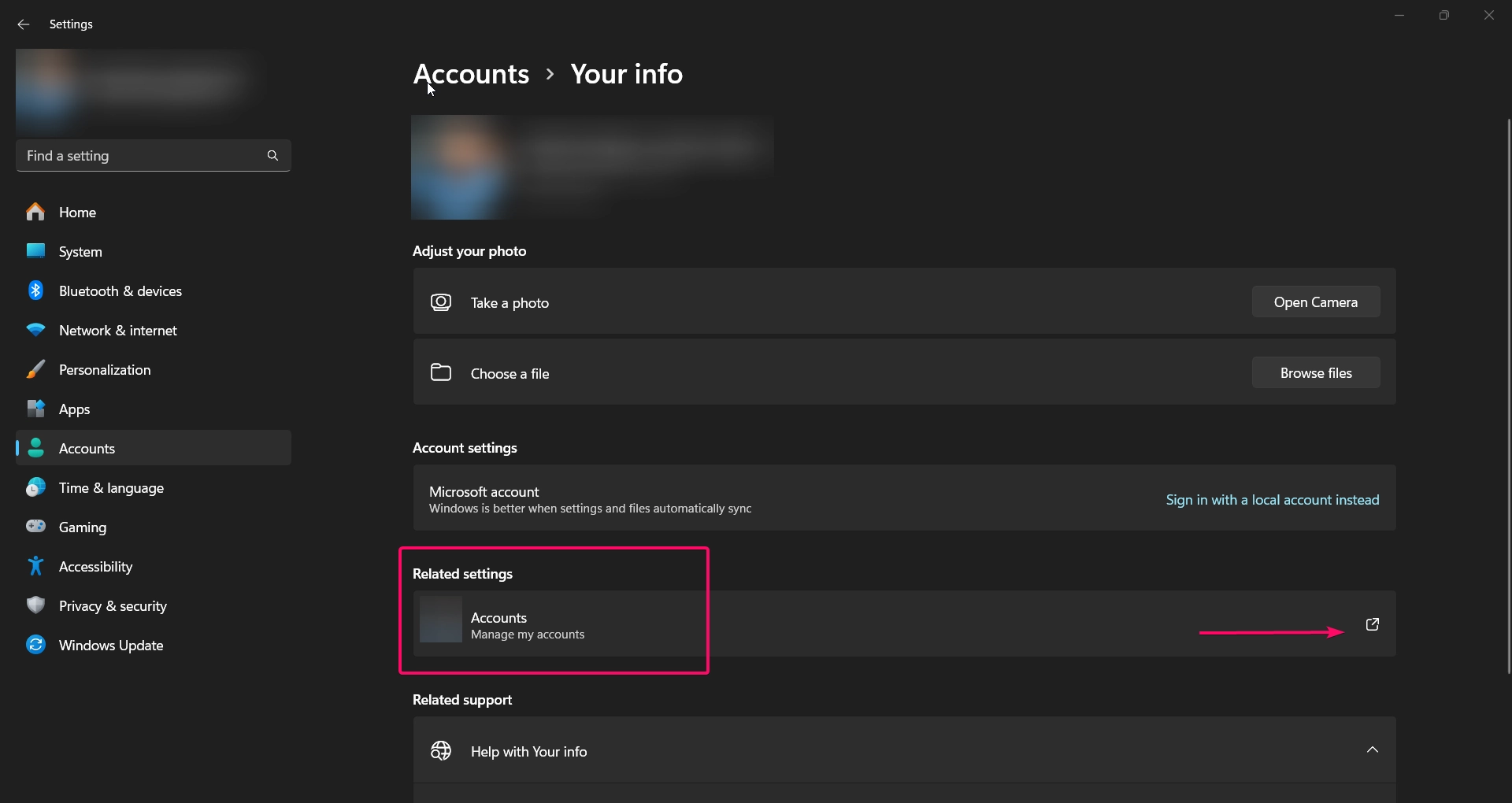 Manage My account settings from windows settings