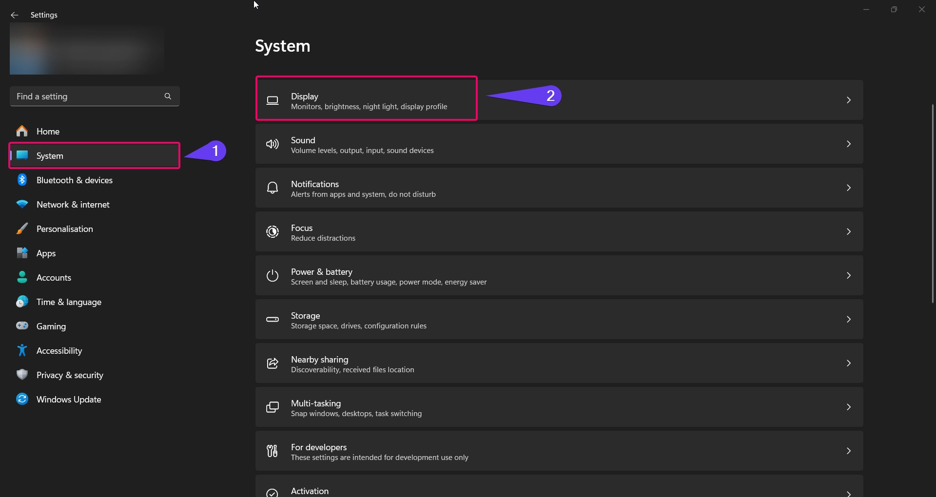 Choose Display from Windows Settings