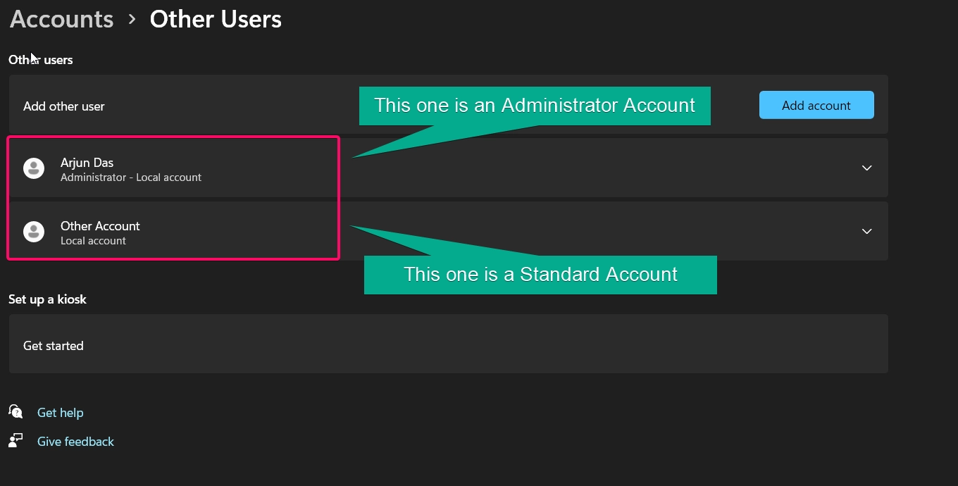 Standard and admin account finding from Windows settings