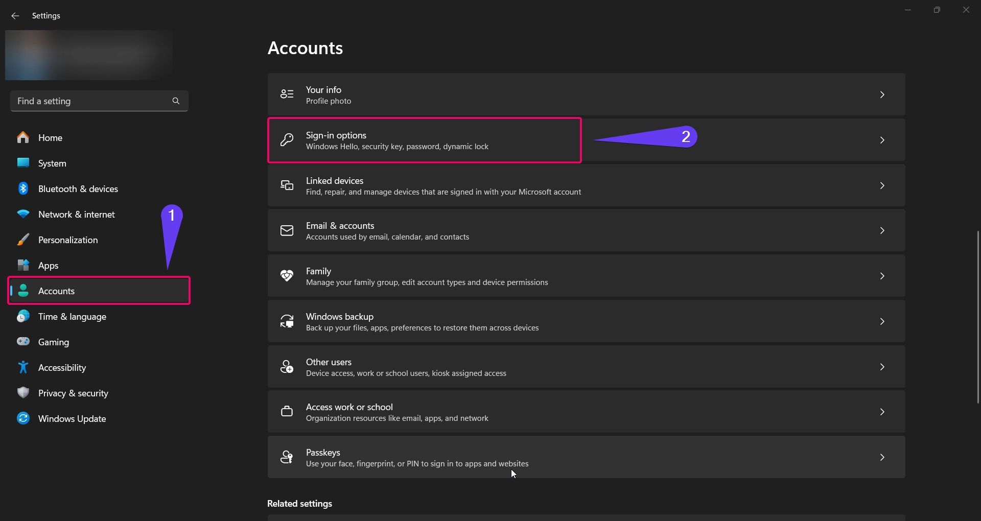 Choose sign-in options from the Accounts