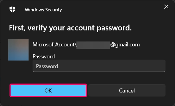 Enter your Password and click OK button