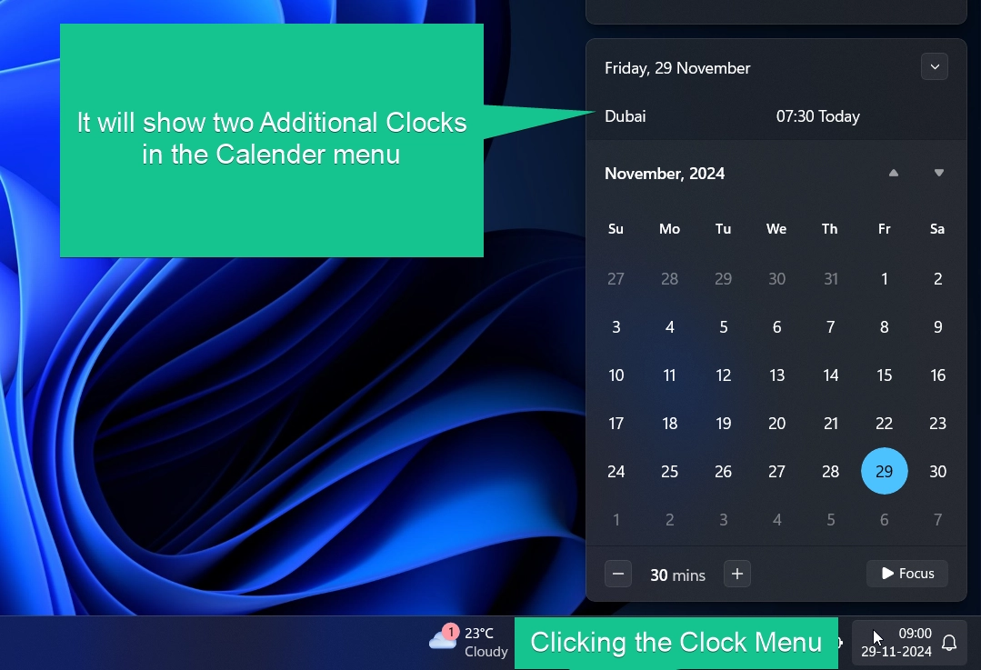 Clicking the Clock will display both the additional clocks in the calender menu