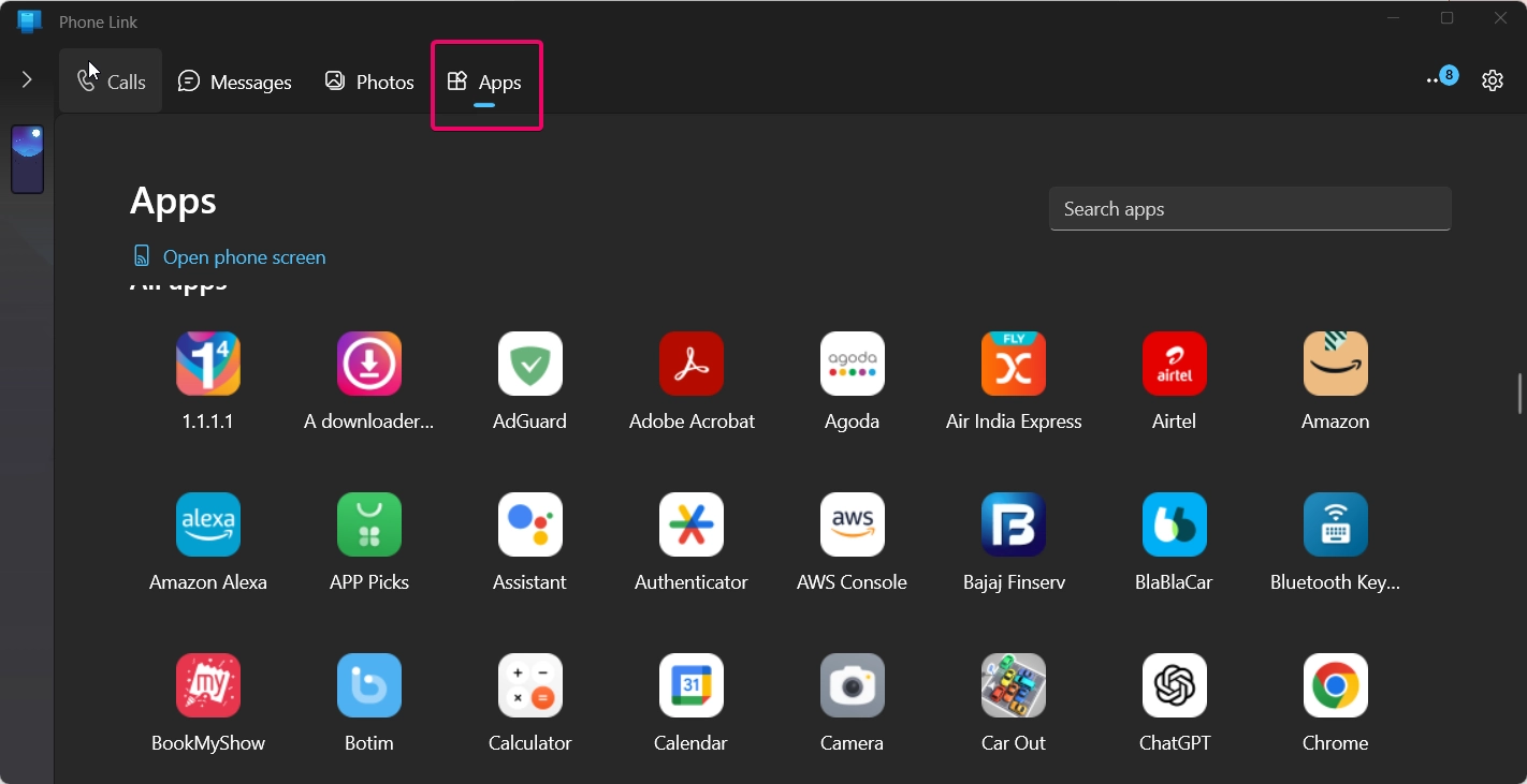 Apps section