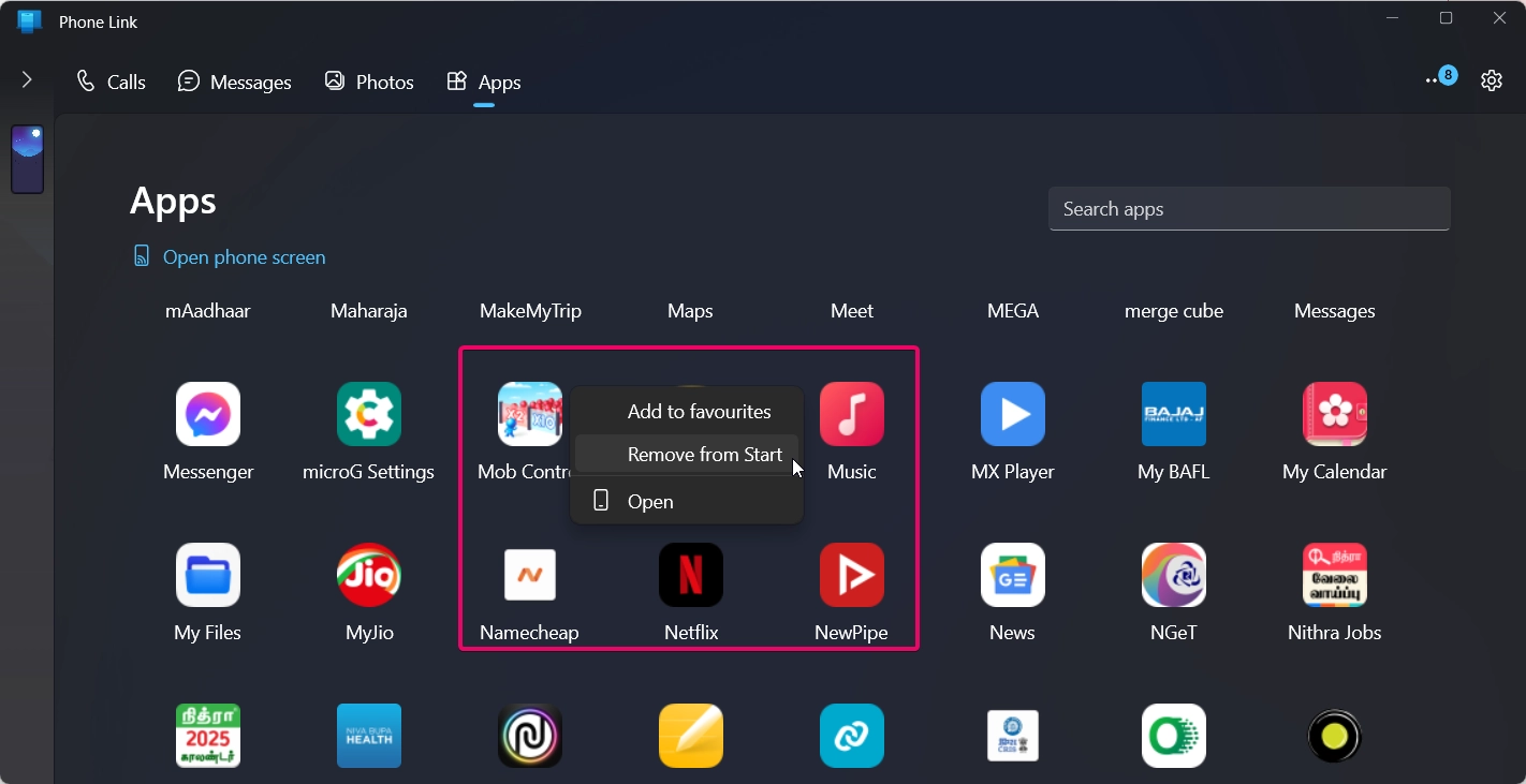 Remove apps from the start menu