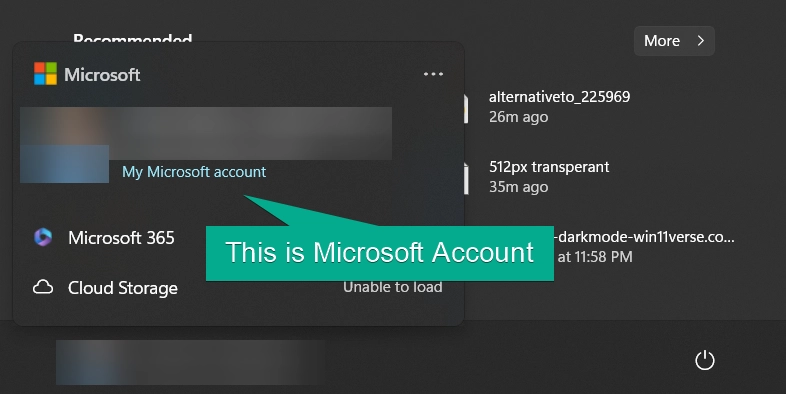 This is Microsoft Account Found from Start Menu