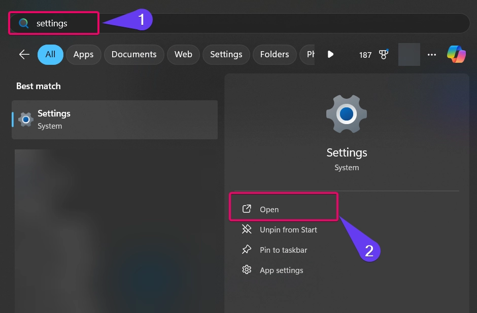 Open Settings from Start Menu