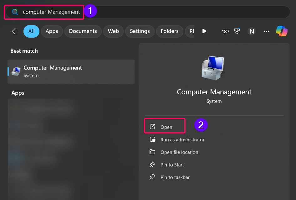 Computer Management from Start Menu