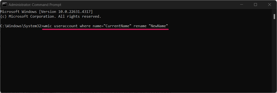 Command to change user name or rename user account using command prompt