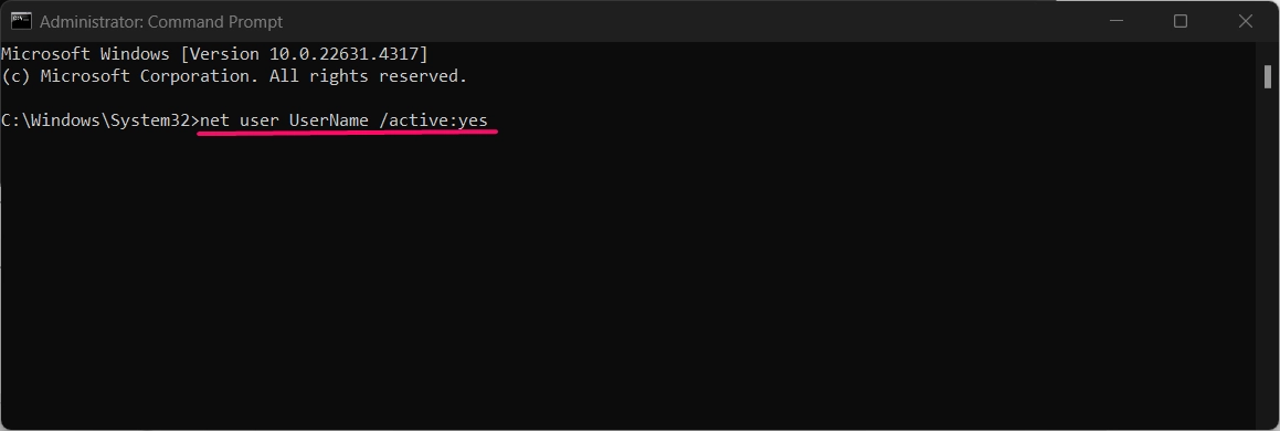 Command to enable the user account using command prompt