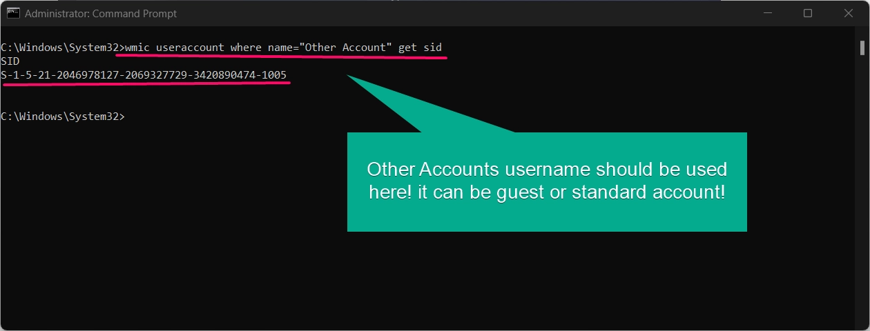 Finding other accounts SID value using command