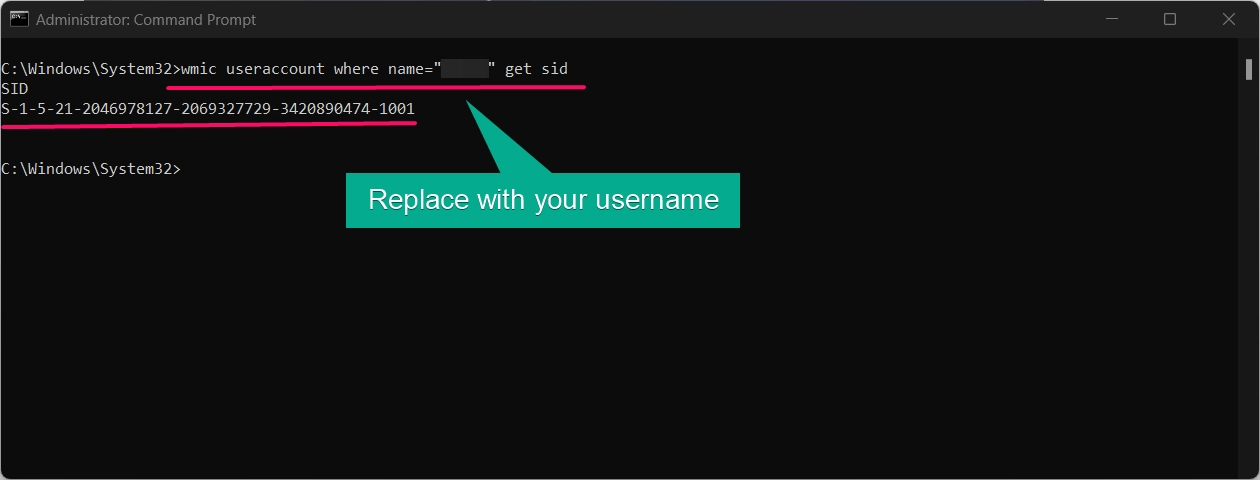 wmic useraccount command to display current user SID Value