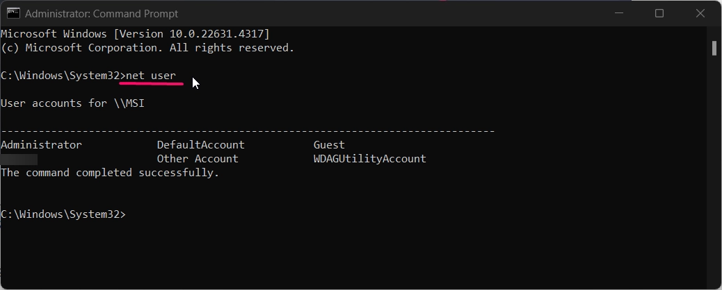 List user accounts using command prompt