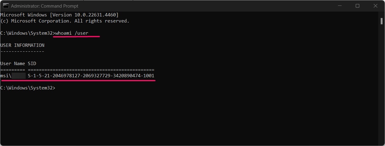 Whoami user command to find SID value