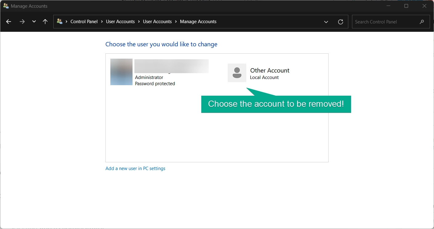 Choosing the account to be removed or deleted