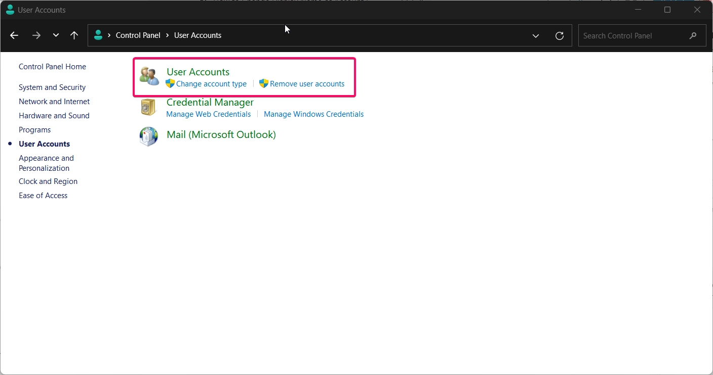 Again Choose User Accounts in control panel