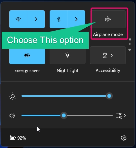 Click the Aeroplane icon to enable airplane mode