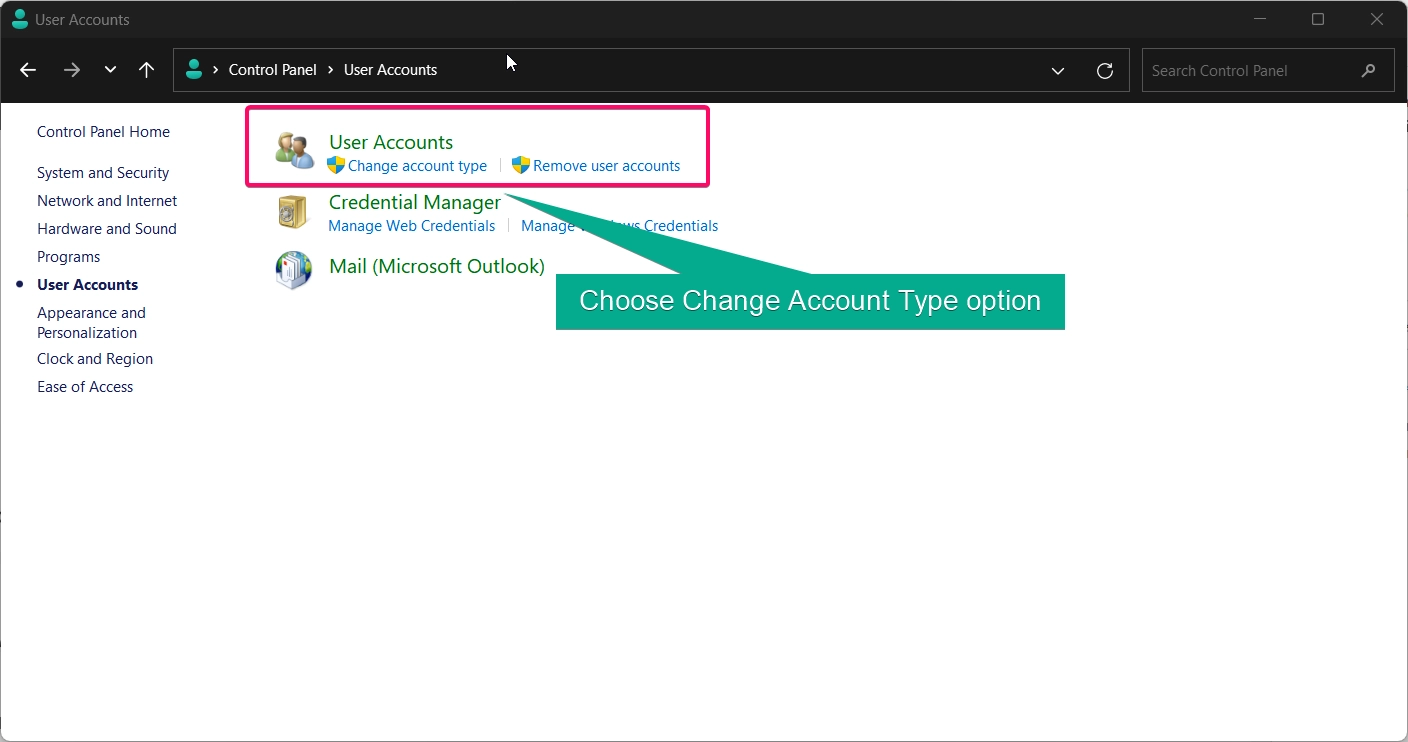 Choose Change Account Type Option in Control Panel