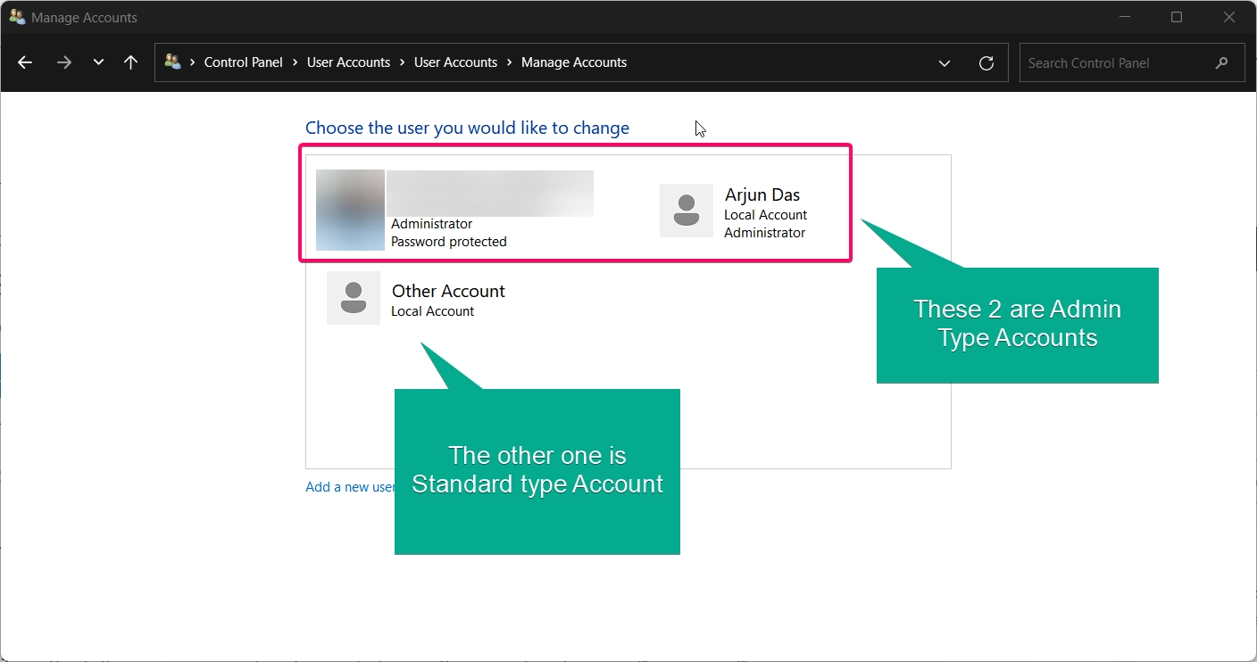 The Other account types in control panel