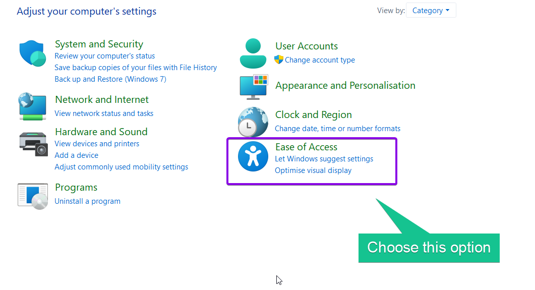 Choose Ease of Access option