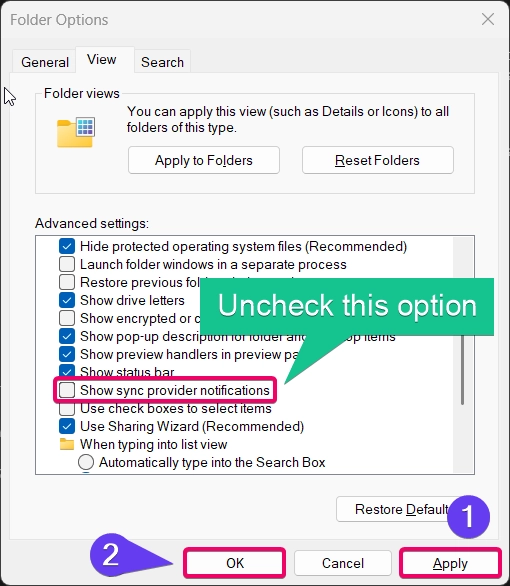 Uncheck Show Sync provider notifications