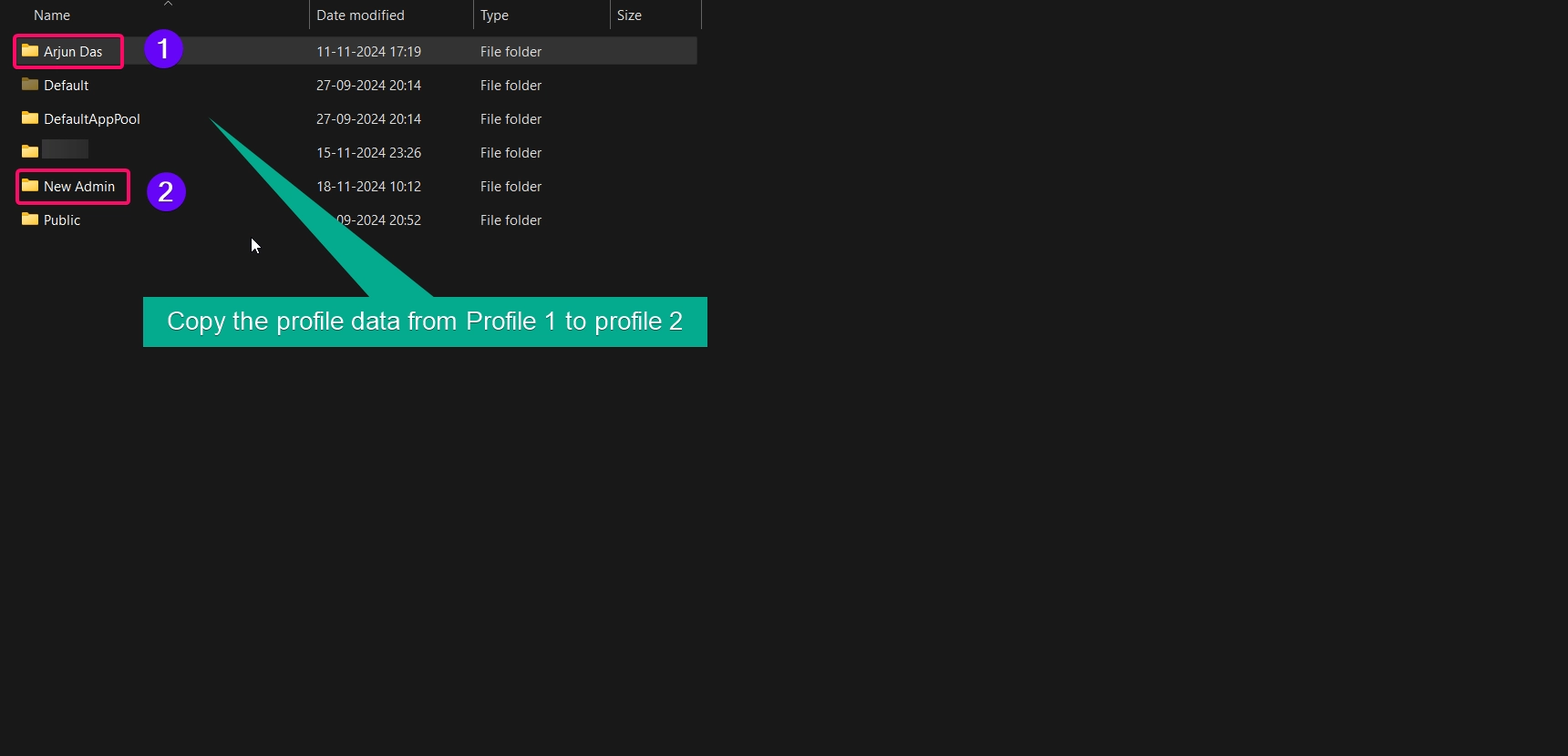 Copying the files from profile 1 to profile 2