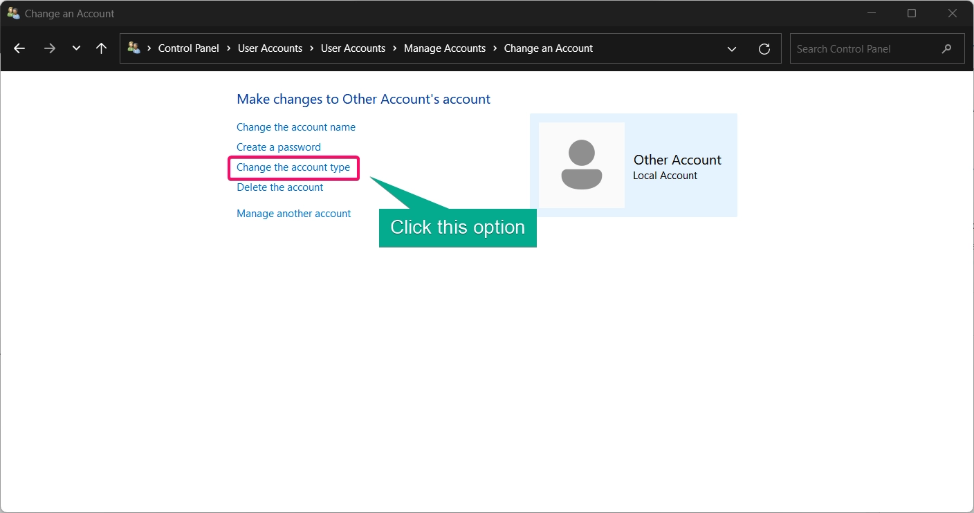 Choose the Change the Account type option