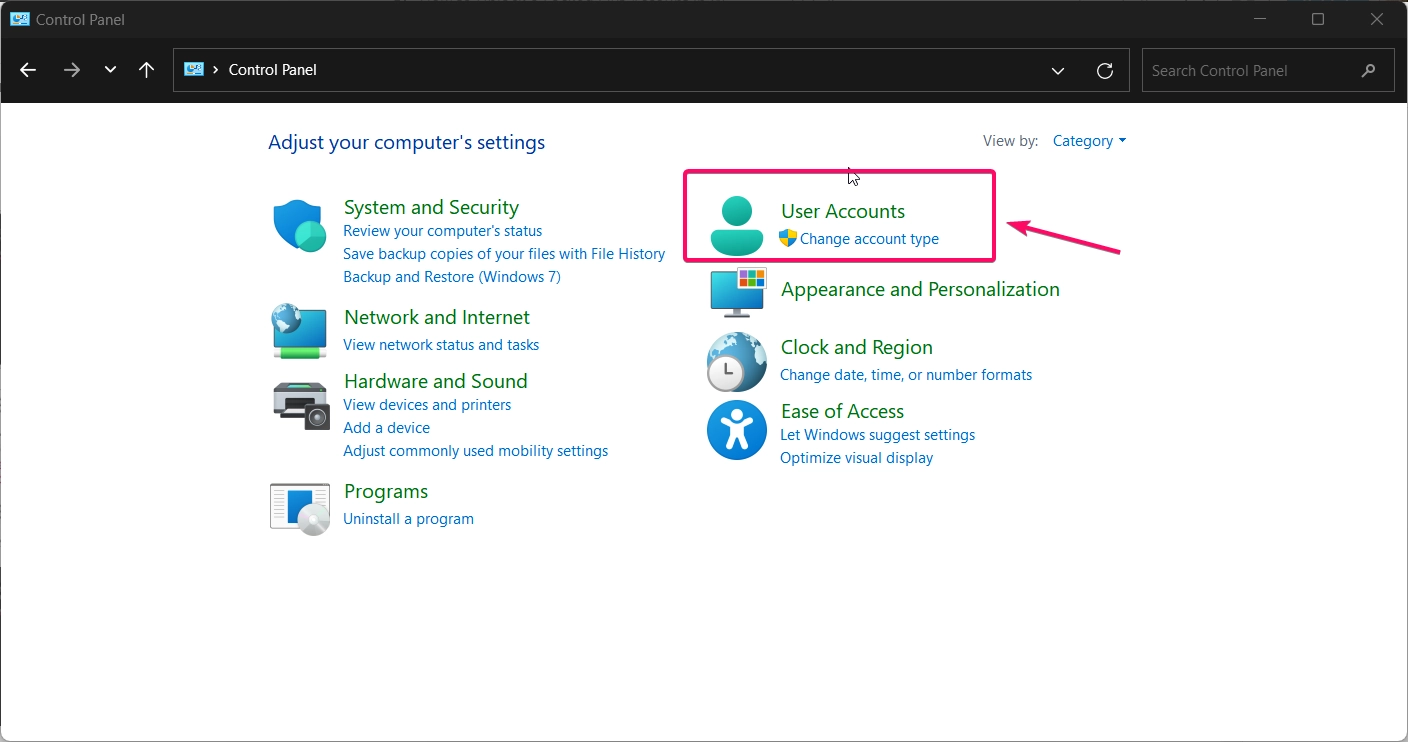 Access the user accounts options in control panel 