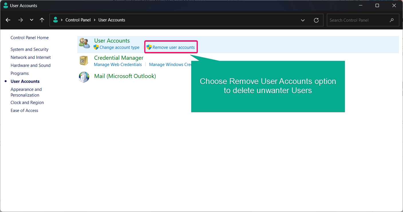 Choose Remove User Accounts options