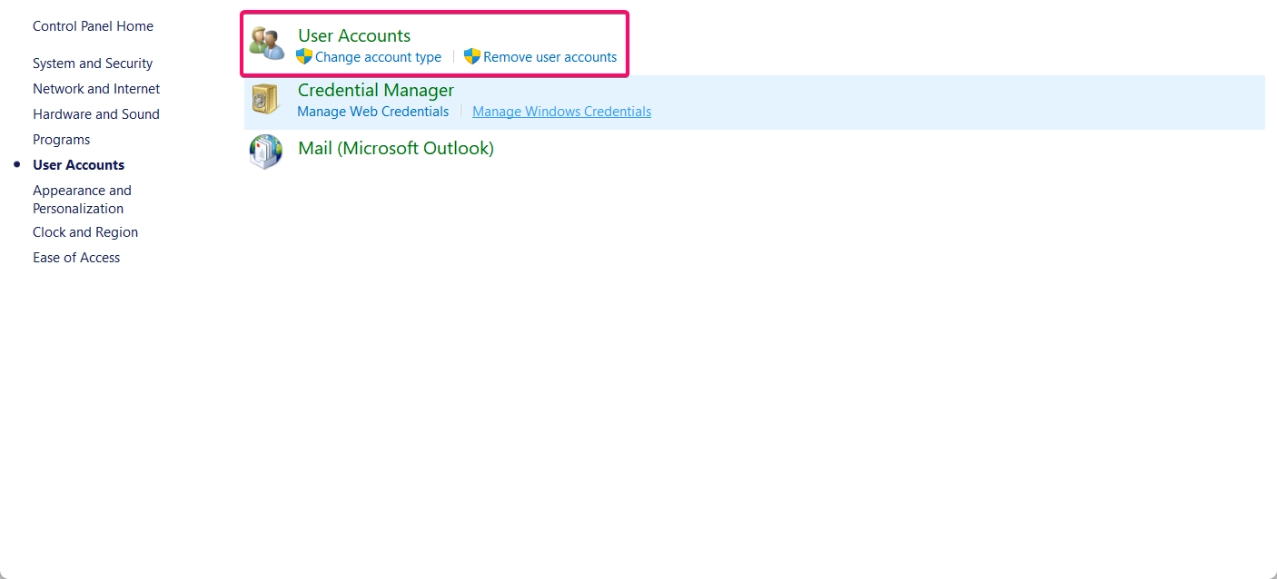 Again click the user accounts options