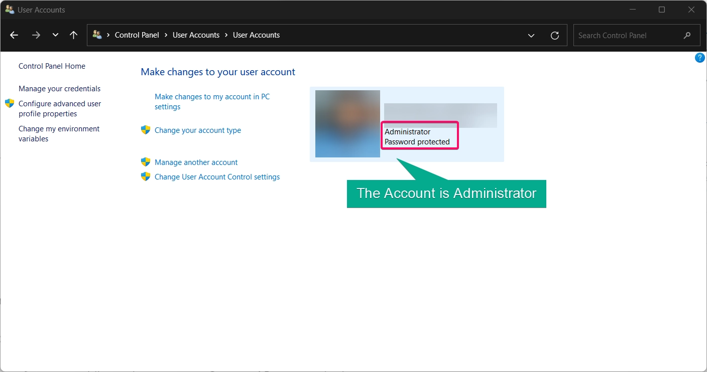 The Current USer account is admin type