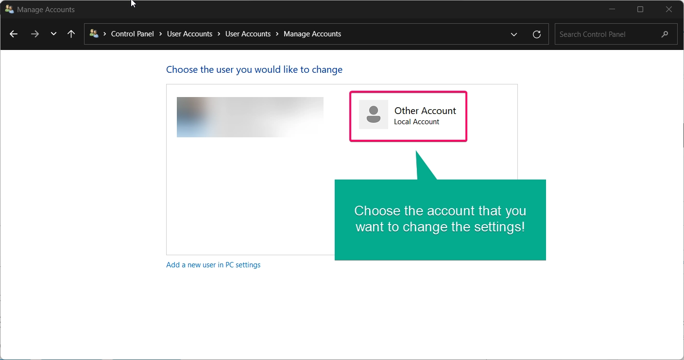 Choose the Account that you want to change the type in control panel