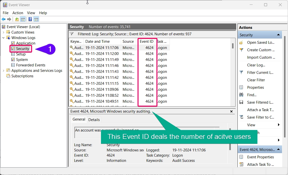 Finding user active sessions using event id in the event viewer option