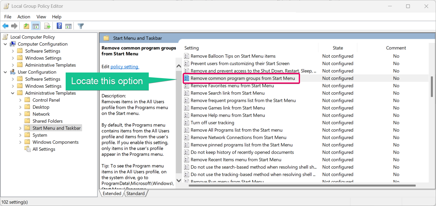 Locate the Remove common program groups from Start Menu option