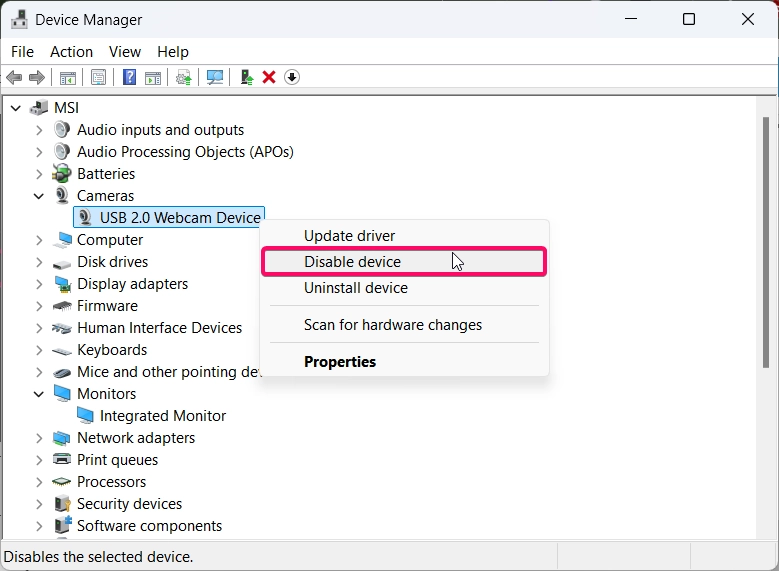 Disable Camera Driver in Device Manager